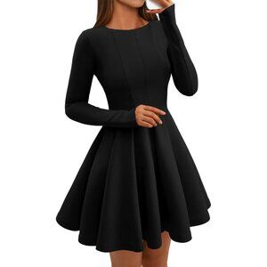Women Black High Waist Pleated Flowy A Line Long Sleeve Casual Fall Dress